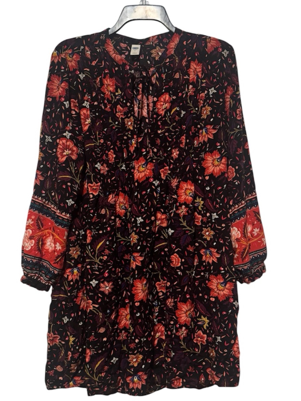 Old Navy Black Long-Sleeve Floral Boho Dress with Red Print